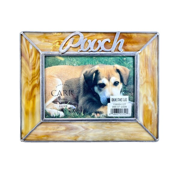Vtg Carr Stained Glass Dog Picture Frame Pooch 3.5” X 5” Photo Brown White Gift - Picture 1 of 7